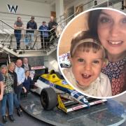 Claire Pagano, 36 and son Sebastian age three and a half. on background image of F1 tour for deaf fans.