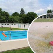 Abbey Meadow Pool. Located next to splash pads. Inset of dirty splash pad.