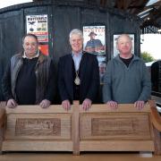 BENCH: Mayor Marcus Harris with Pete Walker and David Williamson. Picture by Stuart Emerson