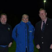 DELIGHT: Abingdon’s grounds and pitch managers Gary Halford and Mark Rowland with former RFU president Paul Murphy at the opening ceremony