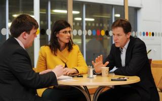 Luke Sproule, left, grills Layla Moran and Nick Clegg