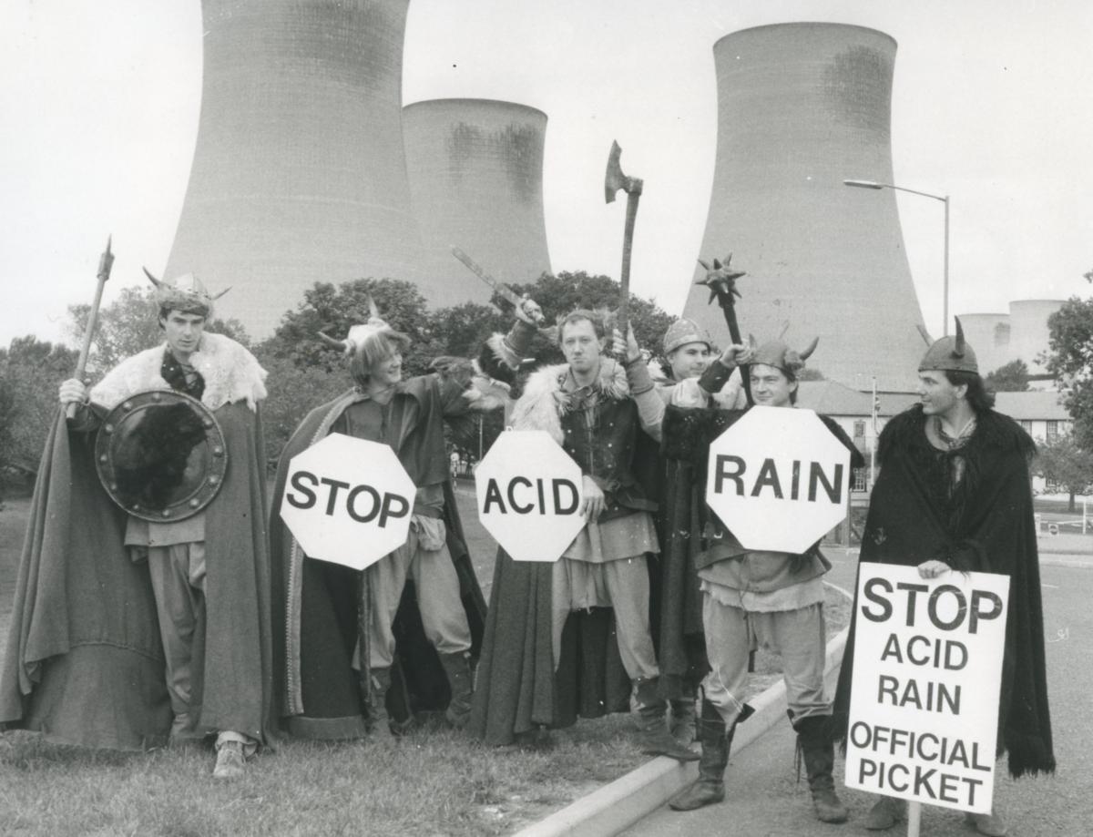 Campaigners at Didcot power station protest about acid rain in 1985 