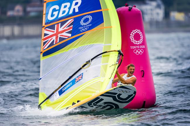 Tom Squires enjoys himself during day two of the RS:X class at Tokyo 2020 Picture: Sailing Energy/World Sailing