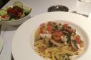 Tagliatelle and salad at La Fontana, with inset, creme brulee