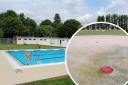 Abbey Meadow Pool. Located next to splash pads. Inset of dirty splash pad.