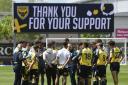 Oxford United boss Liam Manning with his players after the final game of the season. Picture: David Fleming