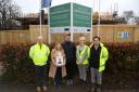 Left to right: Site manager Simon Minon, Louise and Mathew Fox, Helen Cullip, managing director of Bracknell Glass, and Steve Rhodes, technical director at Vistry Thames Valley, at Emmer Green Drive in Reading, where a street is to be named after George