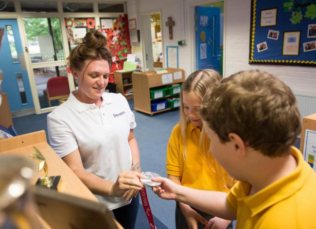 Steventon resident Jordanne Whiley, who won silver and bronze in the doubles and singles respectively at the Paralympics this summer, popped in to St Michael’s CE Primary School. Picture: Scott Heavey