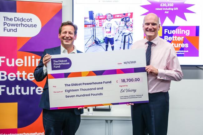 Lord Vaizey of Didcot, Patron of The Didcot Powerhouse Fund, handing a cheque to David Pryor, Chair of Didcot First, for The Didcot Powerhouse Fund (proceeds from his London Marathon fundraiser)
