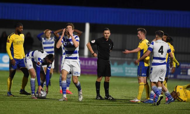 Charlie Rowan holds his head in disbelief after receiving a red card against St Albans City Picture: Mike Allen