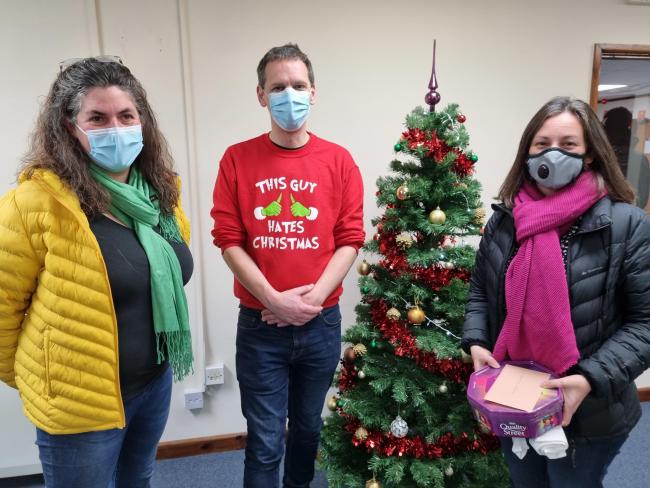 Council leaders thank vaccine clinic while urging people to get booster jab Cllrs Bethia Thomas (L) and Emily Smith (R) with Dr Rob Russ (centre) 2