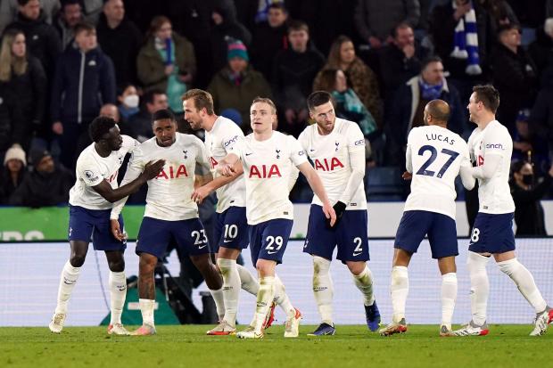 Tottenham celebrate their dramatic win at Leicester