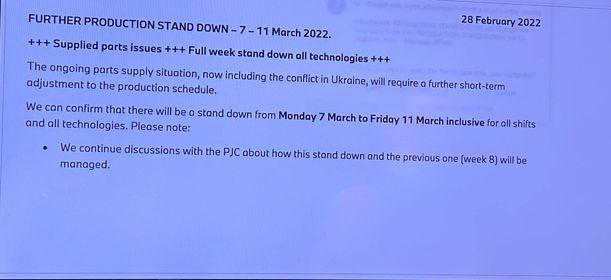 Herald Series: Photo of message sent to workers this morning about the Mini Plant closure