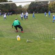 Jack Kitchener scores Hagbourne’s fourth goal from the penalty spot in their win over North Oxford