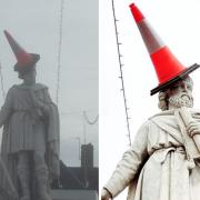 'PARTY HAT': Historic statue spotted with 'party hat' on. Pictures by Jay Masters-Read and Paul Broad.