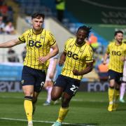 Mark Harris celebrates his penalty against Peterborough United