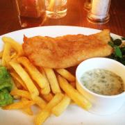 Fish and chips at The Old Anchor pub in Abingdon. Reporter spic..