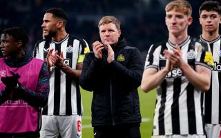 Newcastle head coach Eddie Howe, centre, was left furious by the controversial penalty which cost his side victory in Paris (Owen Humphreys/PA)